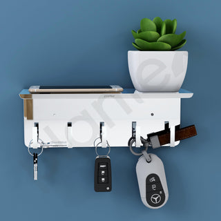 Plantex Multipurpose Stainless Steel Key Holder With Mobile Phone Stand/Storage Rack/Keys Holder For Home - Wall Mount (5 Hooks, Chrome)
