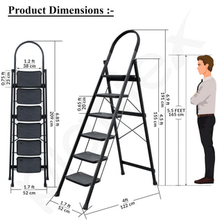 Plantex Hercules Pro 6-Step Foldable Ladder for Home with 200 kg Load Capacity/Heavy-Duty GI Steel Ladder/Anti-Slip Wide Step/Strong, Stable & Multi-Purpose (Black)