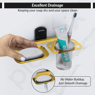 Plantex 304 Grade Stainless Steel 2 in1 Soap Dish with Tumbler Holder/Soap Stand/Tooth Brush Holder for Bathroom/Bathroom Accessories - Parv (Gold & Black)