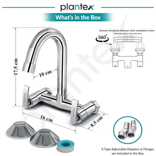 Plantex Pure Brass Sink Mixer with Double Handle Hot and Cold Water Tap for Kitchen/Bathroom Basin Faucet with Brass Wall Flange & Teflon-Tape - (COL-1014, Chrome Finish)