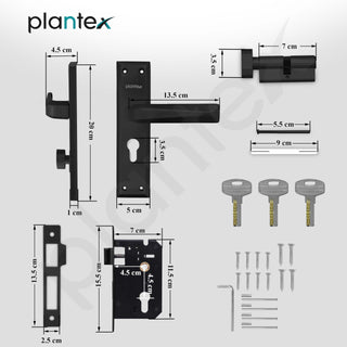 Plantex Heavy-Duty Door Lock Set - Main Door Lock Handle Set/6-Lever Lock Mechanism Mortise Lock with 3 Keys, Brass Lock Body & Cylinder (PTP-08, Black)