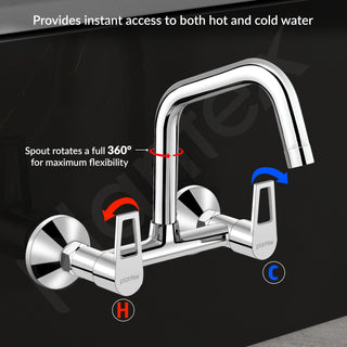 Plantex Pure Brass Wall Mount Sink Mixer Tap/Hot & Cold Kitchen Faucet with 360° Swivel Spout/Wall Mounted Water Tap - Pack of 1 (Chrome, 3224)