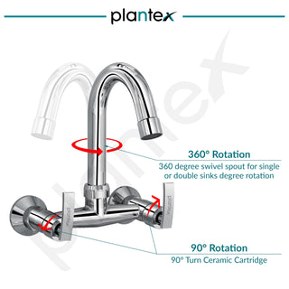Plantex Pure Brass Sink Mixer with Double Handle Hot and Cold Water Tap for Kitchen/Bathroom Basin Faucet with Brass Wall Flange & Teflon-Tape - (COL-1014, Chrome Finish)