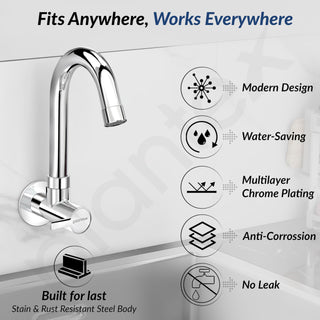 Plantex Sink Taps for Kitchen Basin/Wall Mount Tap for Kitchen Sink with Wall Flange & Teflon Tape/Sink Cock Tap - Pack of 1 (Rio, Chrome)