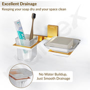 Plantex 304 Grade Stainless Steel Glass Soap Dish with Tumbler Holder/Soap Stand/Toothbrush Holder/Bathroom Accessories - Crystal (PVD Gold)