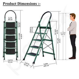 Plantex Hercules Pro 5-Step Foldable Ladder for Home with 200 kg Load Capacity/Heavy-Duty GI Steel Ladder/Anti-Slip Wide Step/Strong, Stable & Multi-Purpose (Green)
