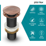 Plantex Pure Brass Waste Coupling for Wash Basin/ 5 inch Drain Out let System Full Thread Pop up Matt Waste Coupling for Wash Basin - Pack of 1 (Matt Rose Gold)