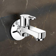 Plantex Short Body Bib Cock/Wall Mount Tap for Wash Basin with Teflon Tape & Wall Flange - Pack of 1 (Flip, Chrome)