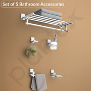 Plantex 304 Grade Stainless Steel Bathroom Accessories Set of 5 - Towel Stand/Napking Holder/Soap Holder/Toothbrush Holder/Robe Hanger - Darcy (Chrome)