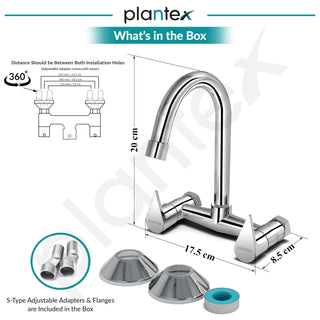 Plantex Pure Brass PAC-1814 Sink Mixer Tap Hot and Cold/Double Handle Water Tap for Bathroom Basin with Brass Wall Flange & Teflon Tape-Wall Mount (Chrome Finish)
