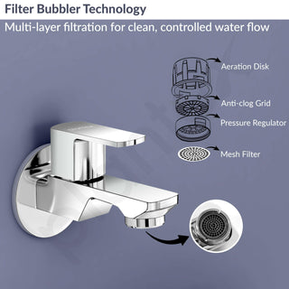 Plantex Single Lever Water Tap for Bathroom with Water-Saving Aerator/Wall Mount Bib Cock with Wall Flange and Teflon Tape/Brass Spindle Bib Tap for Home (Saga-1291-Chrome)