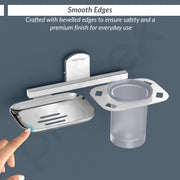 Plantex 304 Grade Stainless Steel 2in1 Soap Dish with Glass Tumbler Holder/Soap Stand/Tooth Brush Holder for Bathroom/Bathroom Accessories - Pack of 1 (Chrome)