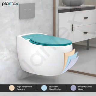 Plantex Imported Ceramic Commode Toilet/Wall Hung Commode/Rimless Washdown Flush Western Toilet with Soft Closing Toilet Seat - P Trap Outlet (1184, Ocean Blue)