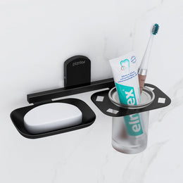 Plantex 304 Grade Stainless Steel 2in1 Soap Dish with Tumbler Holder/Soap Stand/Tooth Brush Holder for Bathroom/Bathroom Accessories - Pack of 1 (Parv-Black)