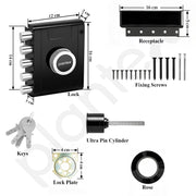 Plantex Stainless Steel Door Cylinder Lock/Main Door Deadbolt Lock Five Bullets/Door Lock Set with 4 Pin Cylindrical Keys - Pack of 1 (Penta, Black)
