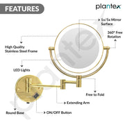 Plantex Brass and 304 Stainless-Steel Magnifying Mirror with LED/Wall Mount Makeup Mirror with Light/Zoom Mirror- 5x/1x Magnification (8 Inch-Gold)