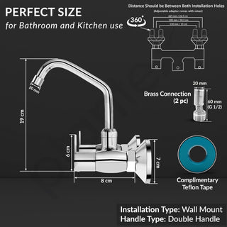 Plantex Pure Brass Kitchen Sink Tap with 360° Swivel Spout/Dual Handle Hot and Cold Water Tap for Kitchen/Sink Mixer with Brass Wall Flange and Teflon Tape (FLO-814-Chrome)