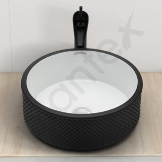 Plantex Round Ceramic Table Top Wash Basin/Designer Counertop Washbasin/Vessel Sink for Bathroom/Home/Restaurant (White & Black-17 x 17 x 6 Inch)