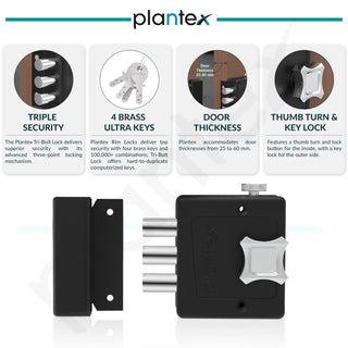Plantex Heavy Duty Dead Bolt Lock/Rim Lock Set/Trio Lock Dead Bolt for Home/Office/Hotel – Pack of 1 (Z-Black)