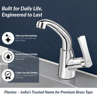 Plantex Pure Brass High Neck Pillar Cock Water Tap with Teflon Tape/360 Degree Swivel Spout/Single Lever Tabletop Basin Sink Cock - (3503, Chrome)