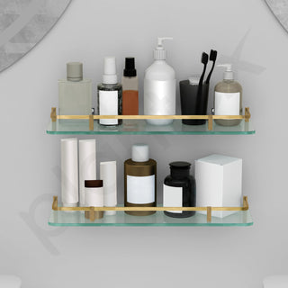 Plantex Shelf for Bathroom/Frosted Glass Shelf with Brass Railings and Brackets/Shelf for Kitchen/Bedroom/Living Room - Pack of 2 (18 x 6 inch, Brass Antique)