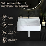Plantex Ceramic Wash Basin for Bathroom/Wall Hung Basin with 10 Years Glaze Warranty by Plantex/Small Wall Mount Basin/Washbasin for Restaurant, Hotel(Glossy White/Cubic - 17 x 13.5 x 5 Inch)