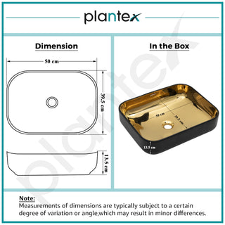 Plantex Designer Wash Basin for Bathroom/Table Top Hand Wash Sink/Counter Top Basin for Home/Ofice (19.5x15.5x5.5 Inch - Black & Golden)