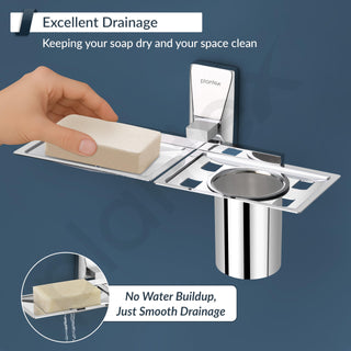Plantex Soap Dish with Tumbler Holder/304 Grade Stainless Steel 2in1 Soap Dish with Tumbler Stand/Soap Case/Tooth Brush Holder for Bathroom - Crystal (Chrome)