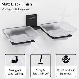 Plantex 304 Grade Stainless Steel Frosted Glass Double Soap Dish/Soap Stand/Dual Soap Holder/Bathroom Accessories - Crystal (Black)