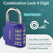 Plantex 4 Digit Combination Number Metal Lock/Zinc Alloy/Locks for Luggage/Locks for Travel Bags/Locks for Cabin Luggage/Travel Essentials - Pack of 2 (Blue)