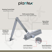 Plantex Aluminium Door Closer for Wooden Doors - Hydraulic Automatic Soft Close for Hotel/Home/Office - ISO 9001 Certified (MI-100, Capacity - 75 Kg, Silver)