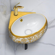 Plantex Ceramic Wash Basin/Corner Basin for Bathroom/Round Designer Tabletop Basin/Vessel Sink for Home/Office (14x14x6 inch - Gold & White)