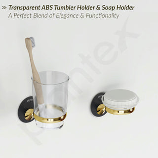 Plantex Self Adhesive Stainless Steel and ABS Bathroom Accessories Set/soap Holder for Bathroom/Tumbler Holder/Towel Rod/Towel Ring for Washbasin/Robe Hook - Set of 5 (Matt Black & Gold)