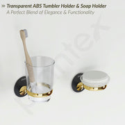 Plantex Self Adhesive Stainless Steel and ABS Bathroom Accessories Set/soap Holder for Bathroom/Tumbler Holder/Towel Rod/Towel Ring for Washbasin/Robe Hook - Set of 5 (Matt Black & Gold)