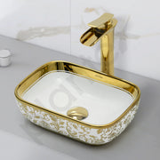 Plantex Ceramic Basin for Bathroom/Designer TableTop Wash Basin/Bathroom Vessel Sink/Washbasin - White & Gold (14.1 x 9 x 5 Inch)