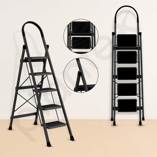 Plantex Steel Ladder for Home/Strong Foldable Wide 5 Step Ladder/Anti-Skid 5 Step Ladder - (Apex - Black)