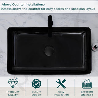 Plantex Table Top Wash Basin for Bathroom/Designer Ceramic Basin/Rectangle Countertop Vessel Sink Basin for Home/Office/Hotel (Black - 14 x 24 x 4 Inch)