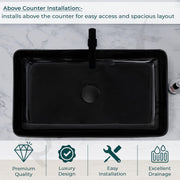 Plantex Table Top Wash Basin for Bathroom/Designer Ceramic Basin/Rectangle Countertop Vessel Sink Basin for Home/Office/Hotel (Black - 14 x 24 x 4 Inch)