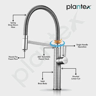 Plantex Brass Sink Tap | Pull Down Faucet for Kitchen Sink with 360° Swivel Spout Mixer tap | Single Lever Sink Mixer Tap for Kitchen Sink-(8982-Chrome)