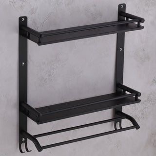 Plantex Stainless Steel Bathroom Shelf/Bathroom Organiser with Drill/Wall Mounted Rack with Hooks and Towel Hanger/Bathroom Accessories Set (3-Tier, Matt Black)