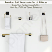 Plantex Self Adhesive Bathroom Accessories Set/Soap Holder/Tumbler Holder/Towel Rod/Napkin Holder/Robe Hook/Bathroom Accessories - Set of 5 (Matt Black & Gold)