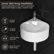 Plantex Ceramic Wall Hung Basin/Corner Bathroom Basin/Wall Mounted Wash Basin/Sink for Living Room (Eva, White)