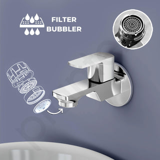 Plantex Single Lever Water Tap for Bathroom with Water-Saving Aerator/Wall Mount Bib Cock with Wall Flange and Teflon Tape/Brass Spindle Bib Tap for Home (Saga-1291-Chrome)