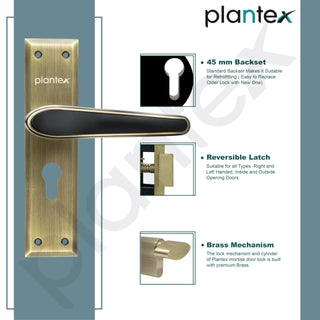 Plantex Heavy-Duty Door Lock Set - Main Door Lock Plate Handle Set/6-Lever Mechanism Mortise Locks with 3 Keys/Brass Locks Body & Cylinder (PTP-09- Brass Antique & Black)