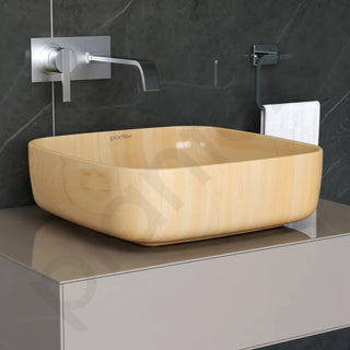 Plantex Premium Tabletop Ceramic Square Wash Basin/Countertop Bathroom Sink (Woody, 16 x 16 x 5 Inch)