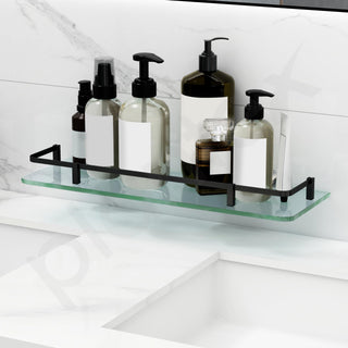 Plantex Premium Frosted Glass Shelf for Bathroom/Kitchen/Living Room with Brass Railings and Brackets - Bathroom Accessories (Black-18x6 - Pack of 1)
