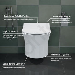 Plantex Platinum Ceramic Rimless Wall Mounted Commode/P Trap Washdown Flush Commode with Soft Close Toilet Seat Cover ( White )