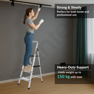 Plantex Big Foot 4 Step Ladder for Home/Fully Aluminium Folding Ladder/Wide Anti-Skid Steps (Black-Silver)