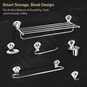 Plantex High Grade Stainless Steel Bathroom Accessories Set of 6/Foldable Towel Rack/Towel Rod/Napkin Ring/Tumbler Holder/Soap Dish/Robe Hook-(Silver,Set of 6)