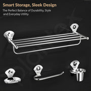 Plantex High-Grade Stainless Steel 4pcs Bathroom Accessories Set- Towel Rack/Tumbler Holder/Soap Dish Stand/Napkin Ring/Bathroom Organiser Set of 4(Chrome)